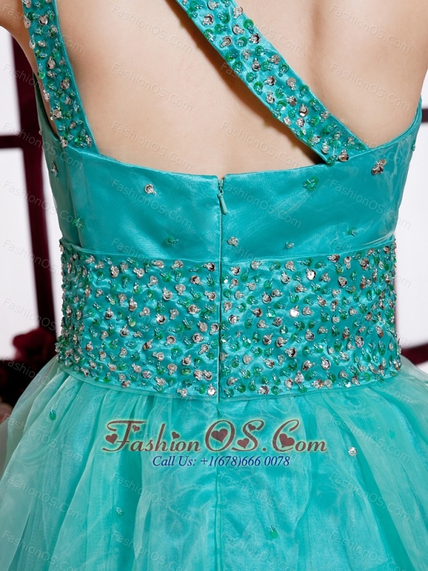 Turquoise One Shoulder Organza A-line Mini-length Beaded Decorate Waist Designer Custom Made Prom Gowns