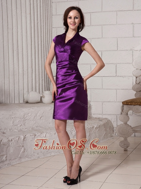 V-neck Column Mother of the Bride Dress Mini-length Taffeta Short Sleeves For 2013 Custom Made