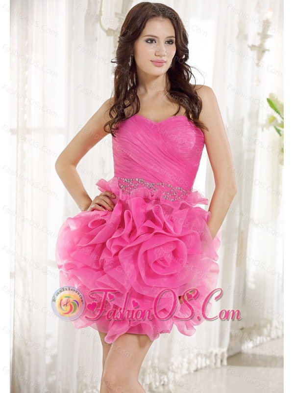 Beaded Decorate Waist Ruch Hand Made Flower Organza Hot Pink Mini-length 2013 Prom / Homecoming Dress