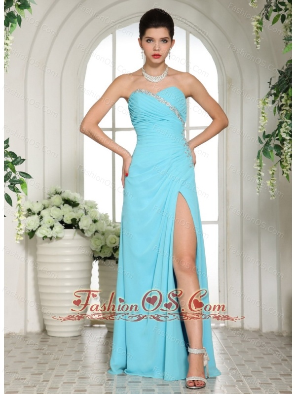 Aqua Blue High Slit Sweetheart Beaded Ruch 2013 Prom Dress For Formal Evening