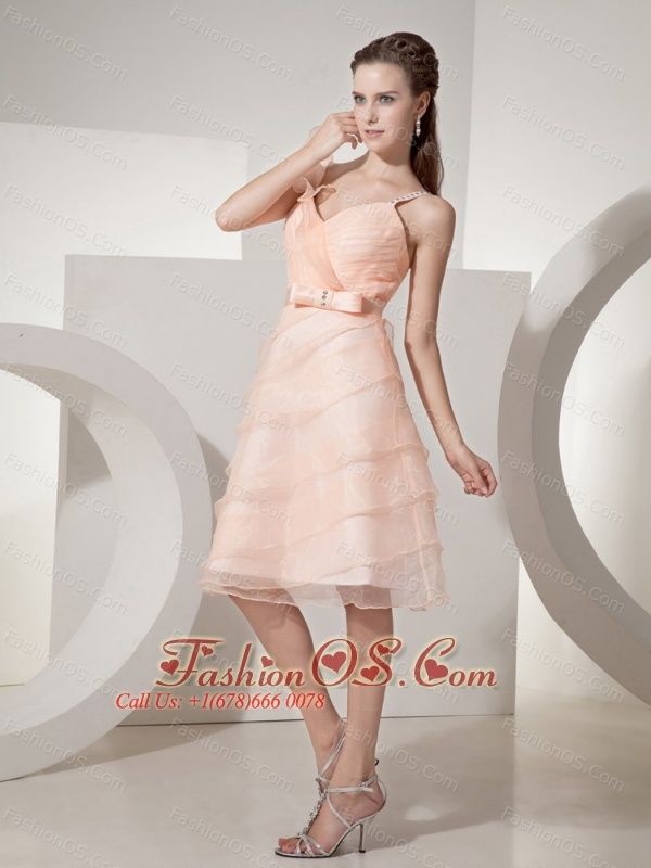 Baby Pink A-line Straps Ruched Bodice Knee-length Organza Beading Prom Dress