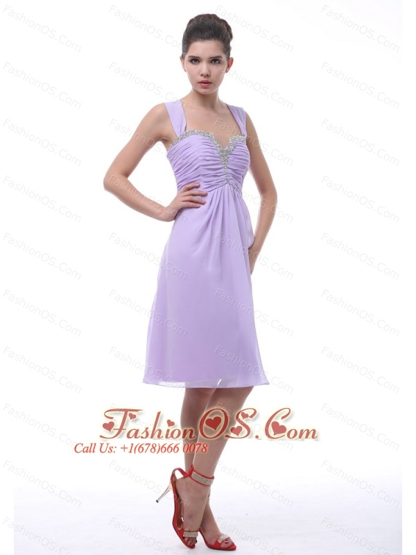 Lavender Straps Prom Dress With Beaded and Ruch Decorate Knee-length