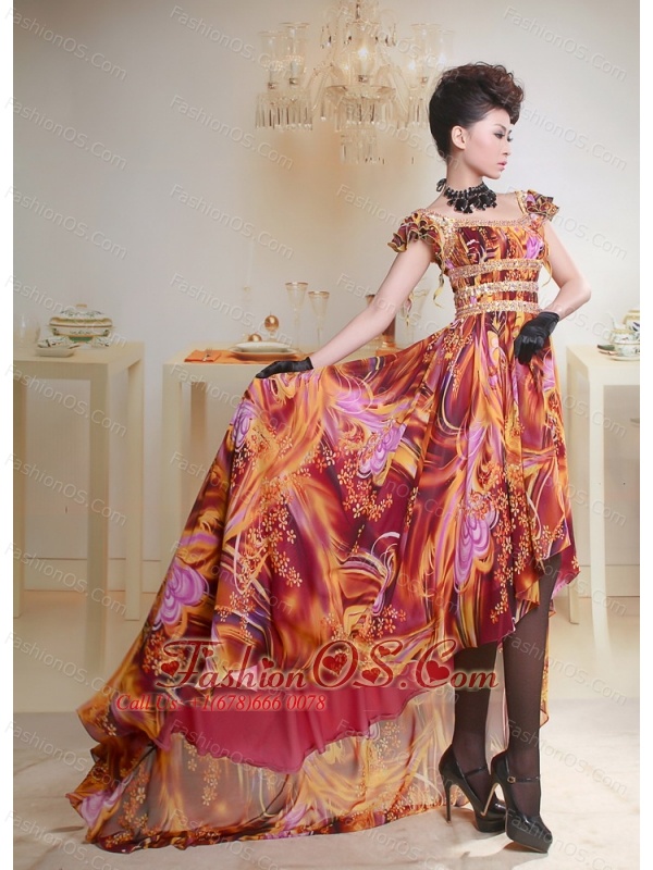 Multi-color Printing Beaded High-low Prom Dress For Custom Made