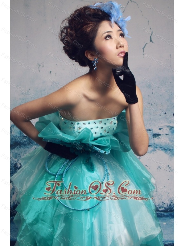 Turquoise Organza Hand Made Flowers Strapless Stylish 2013 Celebrity Prom Gowns