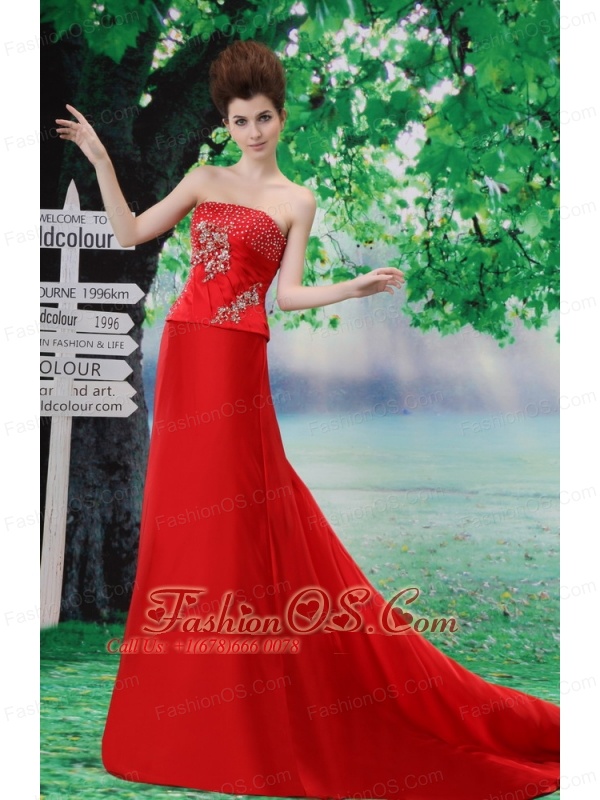 Beading Chiffon A-Line Red Court Train Strapless Prom Dress