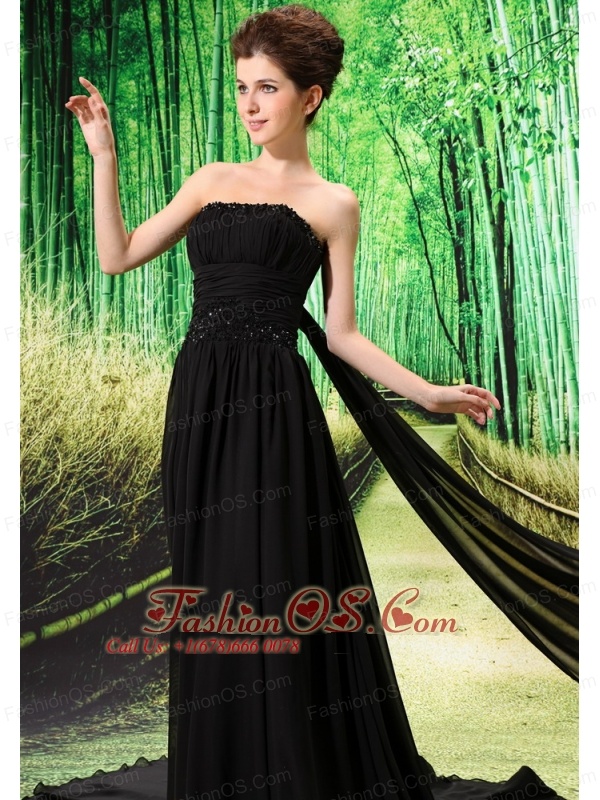 Beading Empire Black Chiffon Watteau Strapless Prom Dress