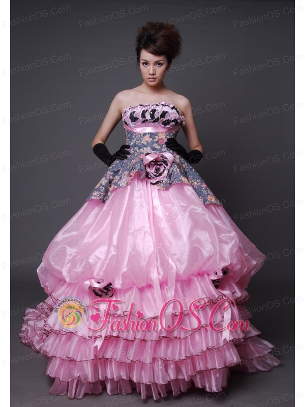 Hand Made Flowers Printing and Organza Ruffled Layers Court Train Exclusive Style For 2013 Quinceanera dress