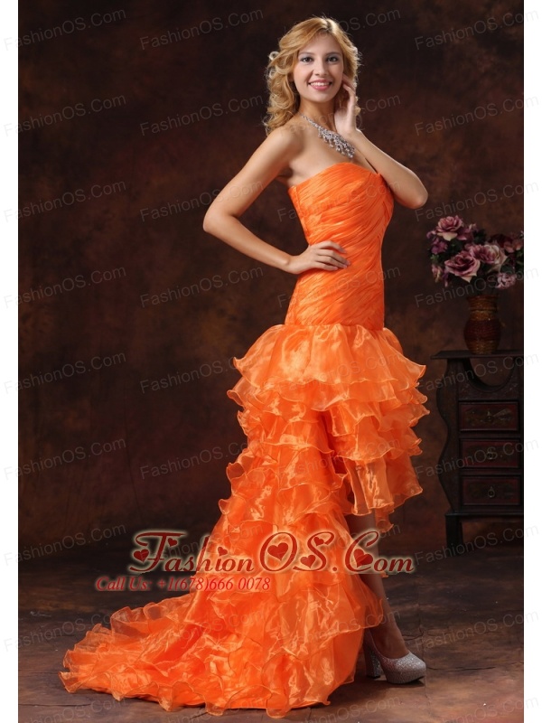 Custom Made Orange Red High-low Ruched Bodice 2013 Prom Dress With Organza