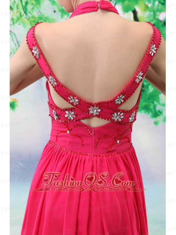 Halter and Off the Shoulder Beading Empire Chiffon Hot Pink Court Train Prom Dress