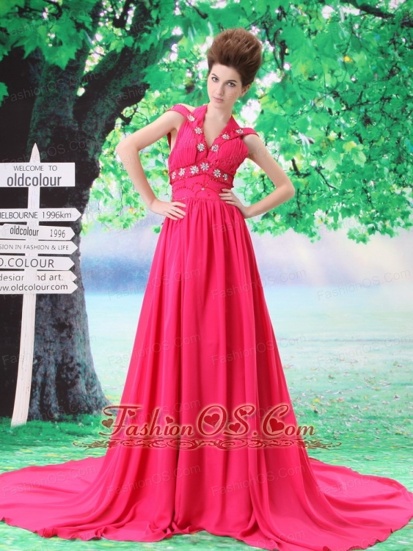 Halter and Off the Shoulder Beading Empire Chiffon Hot Pink Court Train Prom Dress