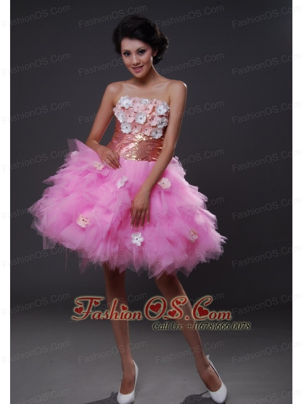 Handle-Made Flowers A-Line Tulle Strapless Mini-length Pink Prom Dress