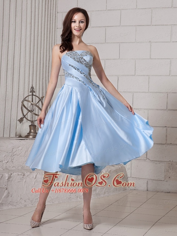 Light Blue Taffeta Strapless Tea-length Custom Made Prom Gowns