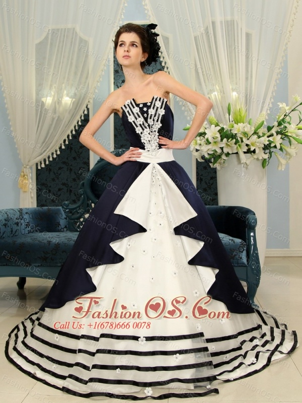 blue and white ball gown