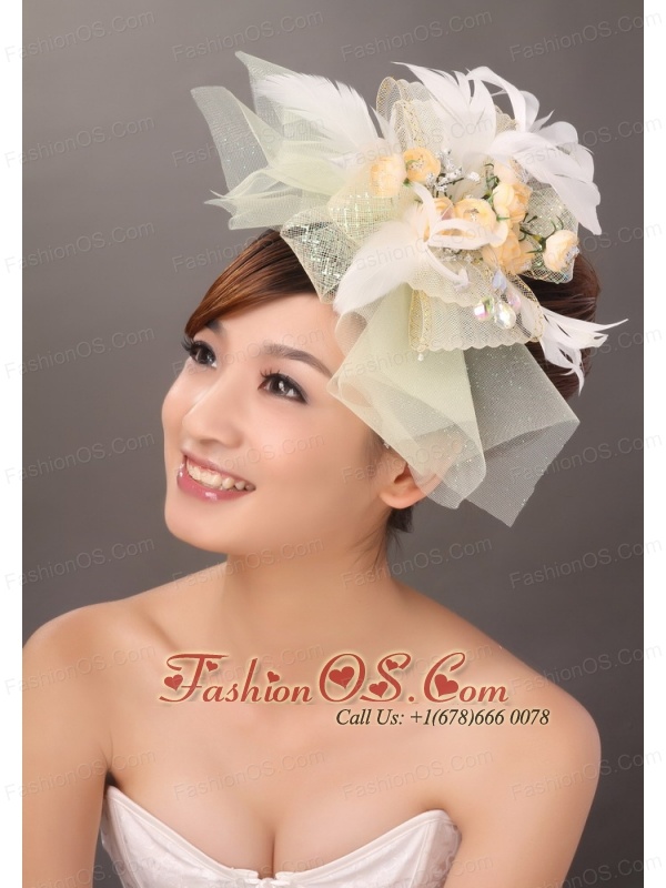 Popular Light Yellow Tulle Feather Hand Made Flowers Fascinator