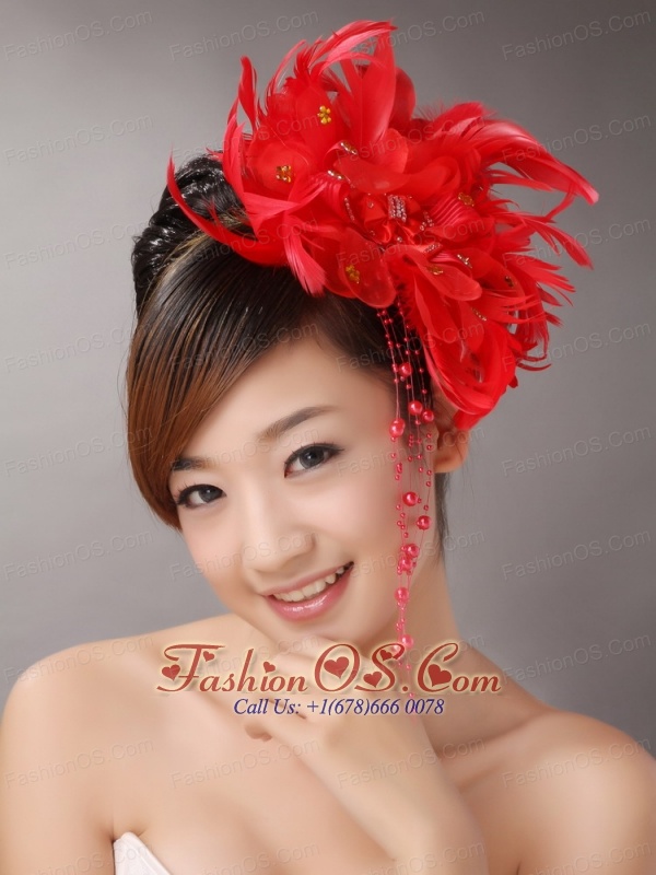 Red Custom Made Headpieces With Beaded Decorate Feather