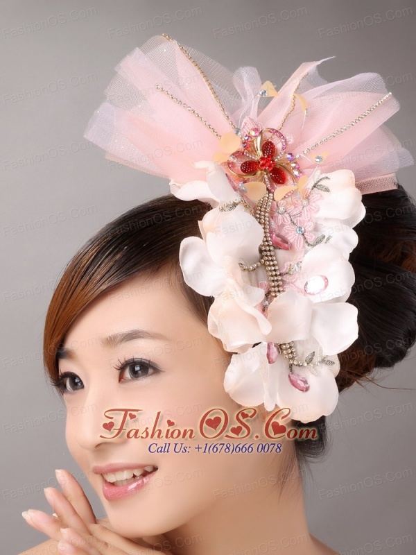 Baby Pink Tulle and Organza Beaded and Flowers Decorate Baby Pink Headpieces