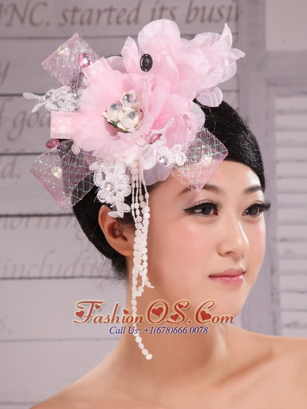 Custom Made Baby Pink Headpieces Organza and Tulle With Imitation Pearls and Beaded Decorate