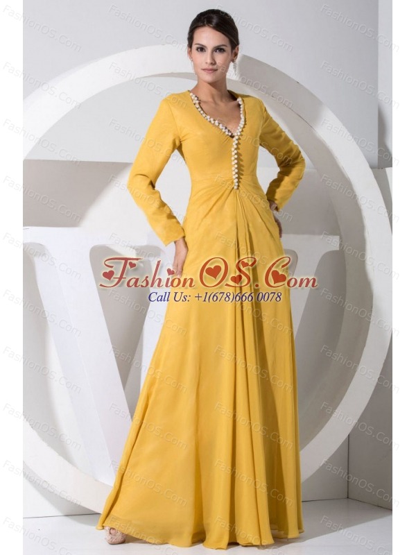 Beading Decorate Bodice Gold Chiffon Floor-length Long Sleeves Mother Of The Bride Dress For 2013