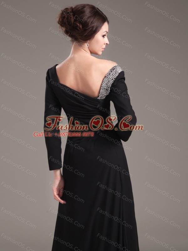 Beading Decorate Bodice High Slit Off The Shoulder Black Chiffon Brush Train Long Sleeves 2013 Mother of the Bride Dresses