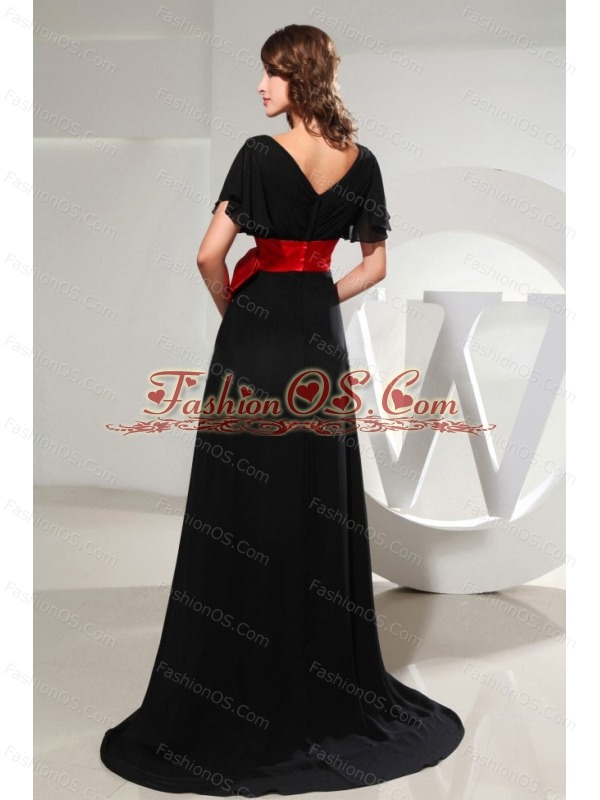 Black Mother Of The Bride Dress With Sash Short Sleeves and Brush Train