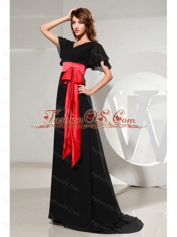 Black Mother Of The Bride Dress With Sash Short Sleeves and Brush Train