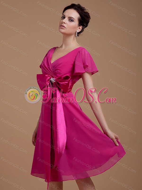 Fuchsia Mother Of The Bride Dress With Bowknot Short Sleeves Knee-length Chiffon