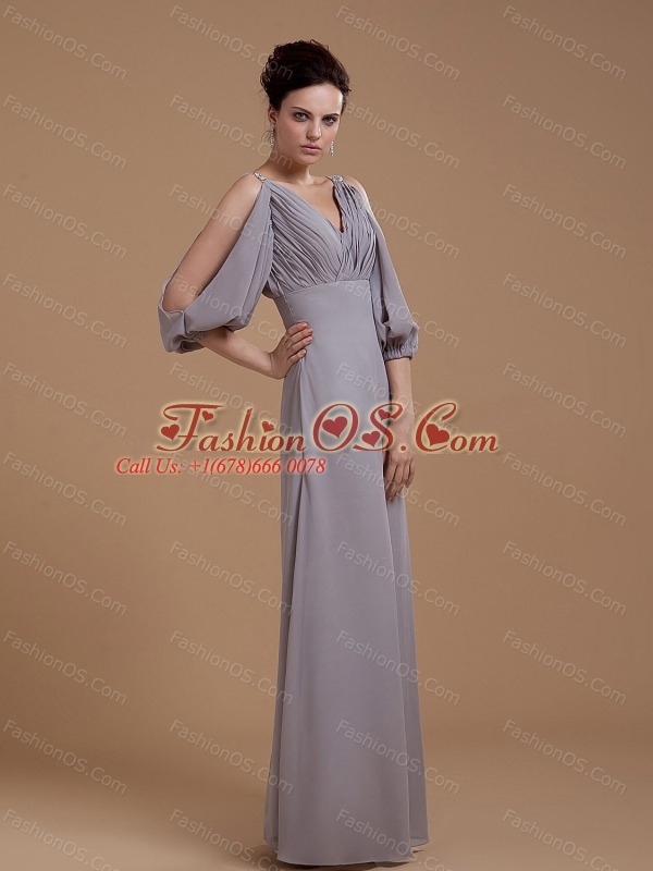 Grey Mother Of The Bride Dress With V-neck 3/4 Length Sleeves Floor-length