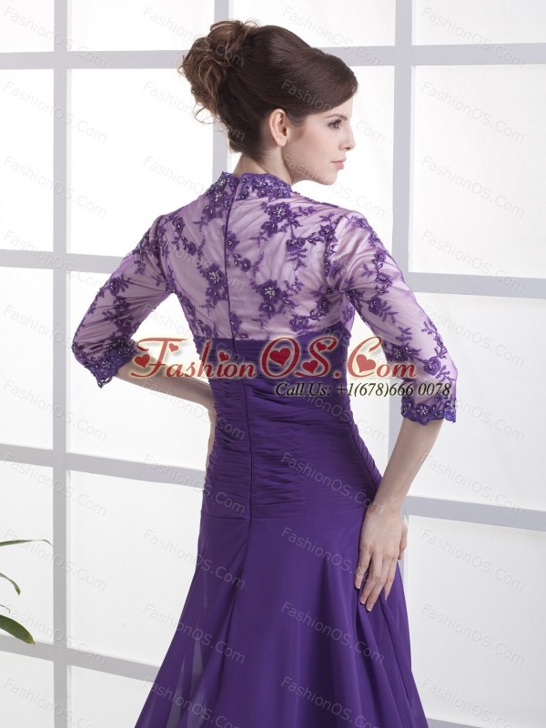 Lace With Beading Decorate Up Bodice V-neck 3/ 4 Sleeves Purple Brush Train 2013 Mother Of The Bride Dress