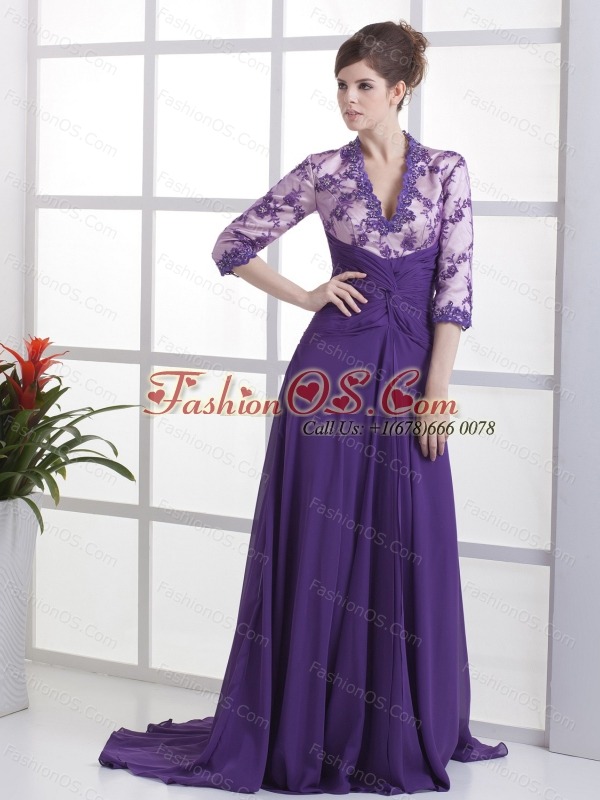 Lace With Beading Decorate Up Bodice V-neck 3/ 4 Sleeves Purple Brush Train 2013 Mother Of The Bride Dress