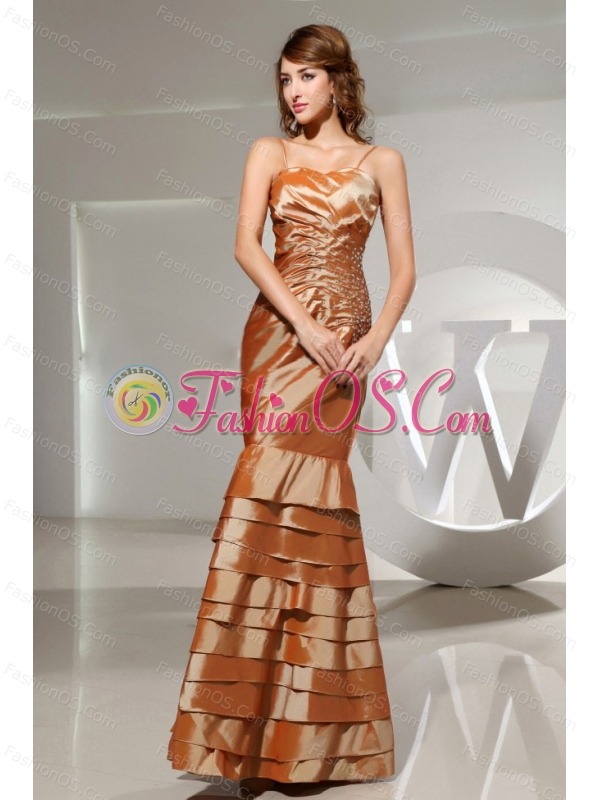 Mermaid Beading Taffeta Floor-length Spaghetti Straps Brown Prom Dress
