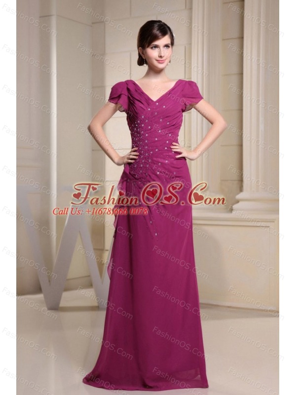V-neck and Short Sleeves For Mother Of The Bride Dress With Beading