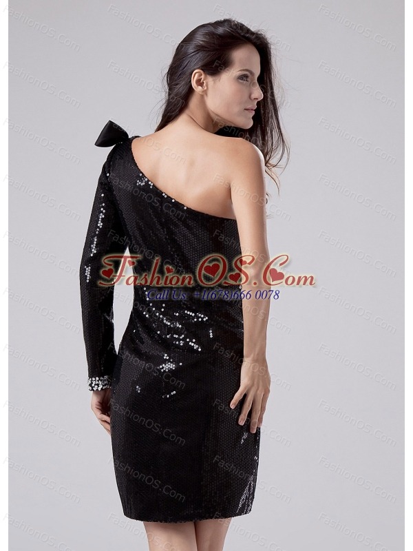 Beaded Decorate Waist Sequins Mini-length One Shoulder Column Prom Dress Black