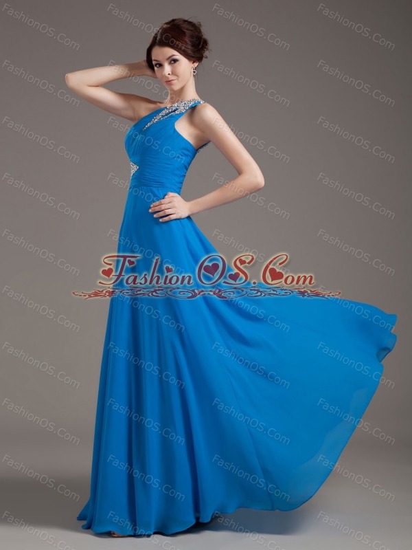Beading Decorate Bodice One Shoulder Blue Chiffon 2013 Prom Dress Floor-length