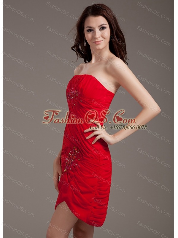 Beading Decorate Bodice Strapless Red Chiffon Mini-length 2013 Prom Dress
