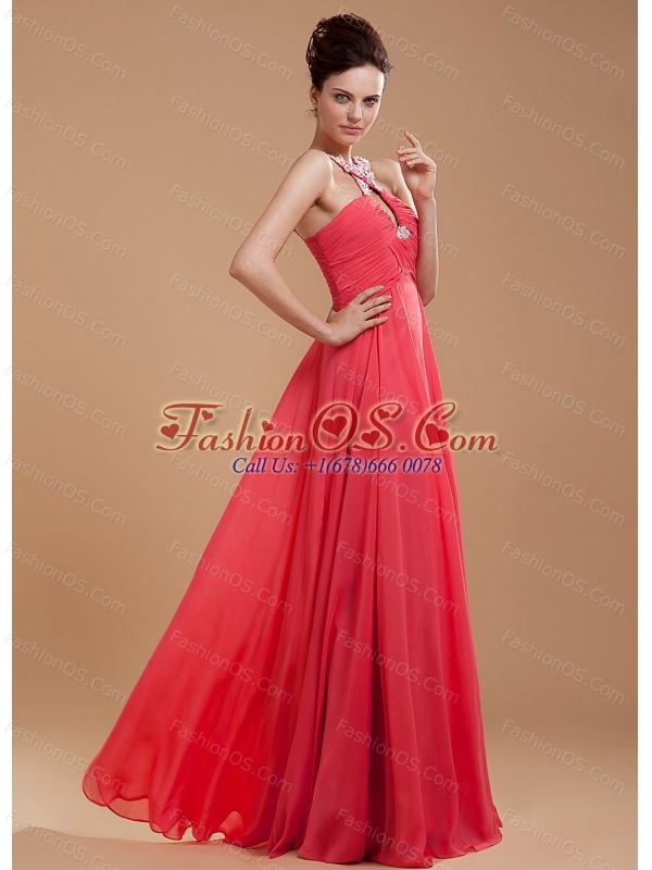 Coral Red Prom Dress With V-neck Beaded and Appliques Chiffon For Custom Made
