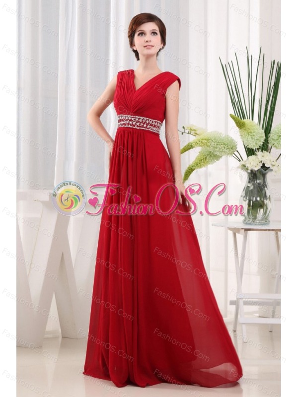 Empire V-neck Chiffon Floor-length Beaded Decorate Waist Red Prom Dress
