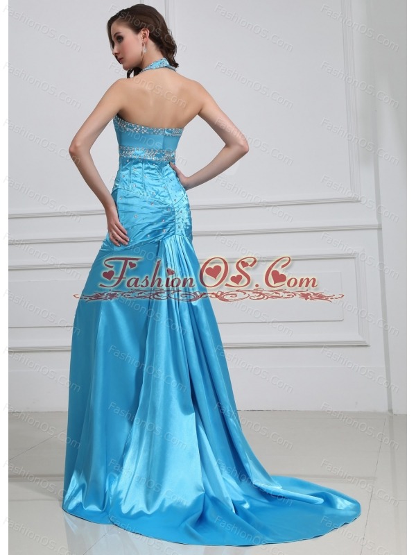 High Slit Column Beading Halter Elastic Woven Satin Prom Dress Brush / Sweep Blue