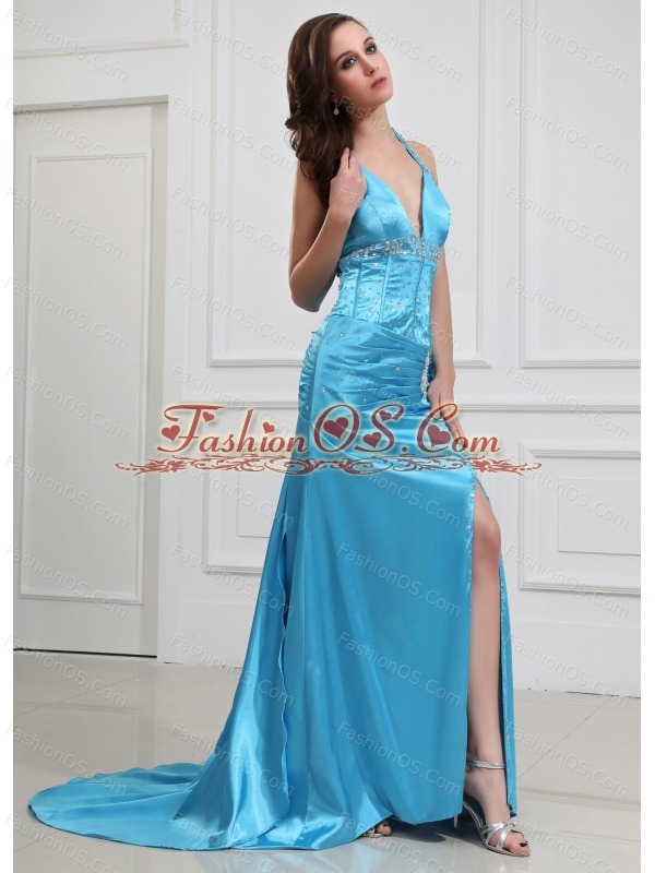 High Slit Column Beading Halter Elastic Woven Satin Prom Dress Brush / Sweep Blue