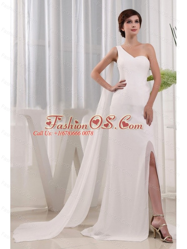 Pretty High Slit Column Wedding Dress One Shoulder Beading