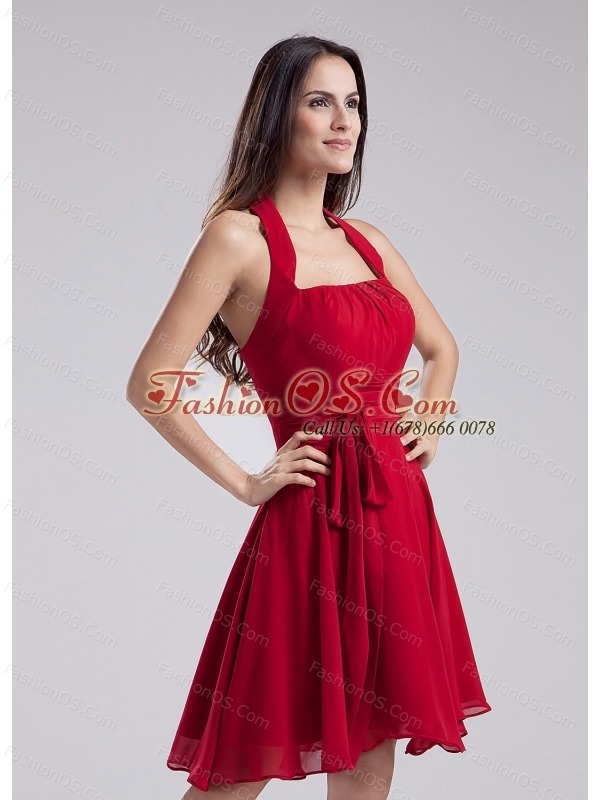 Red Halter Chiffon Knee-length A-Line Prom Dress With Knee-length