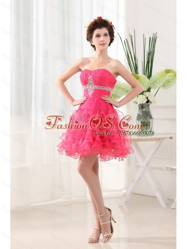 Hot Pink Prom Dress With Ruffled Layers and Beading Ruch