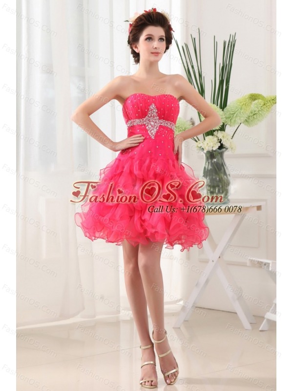 Hot Pink Prom Dress With Ruffled Layers and Beading Ruch