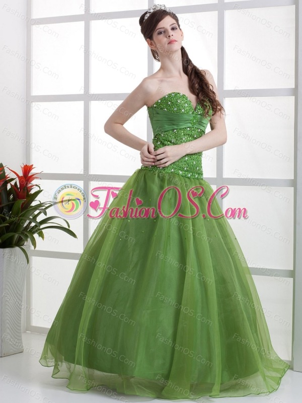 Olive Green Beaded Decorate Bust Prom Dress Sweetheart Organza