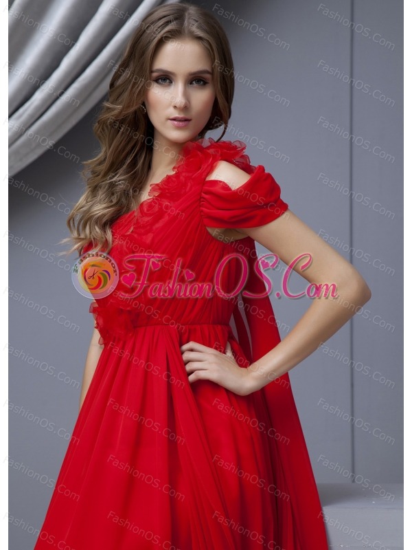 Red Prom Dress With One Shoulder Watteau Train Chiffon For Custom Made
