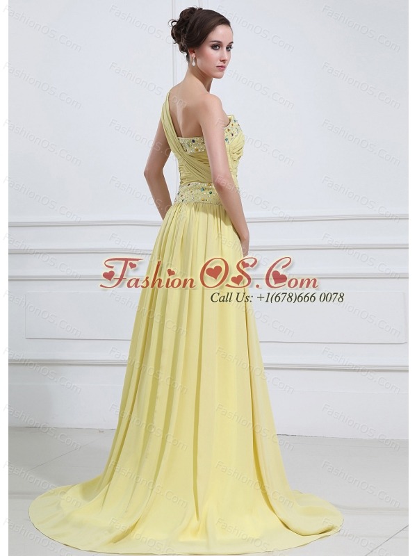 Light Yellow  Prom / Evening Dress With One Shoulder Beaded High Slit Chiffon Brush Train