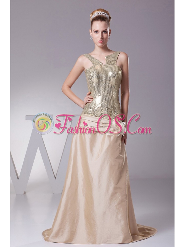Hand Made Flower Decorate Sequin and Satin Champagne Brush Train 2013 Prom Dress