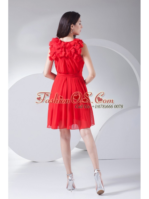 Hand Made Flowers Decorate Bodice Red Chiffon Knee-length 2013 Prom Dress