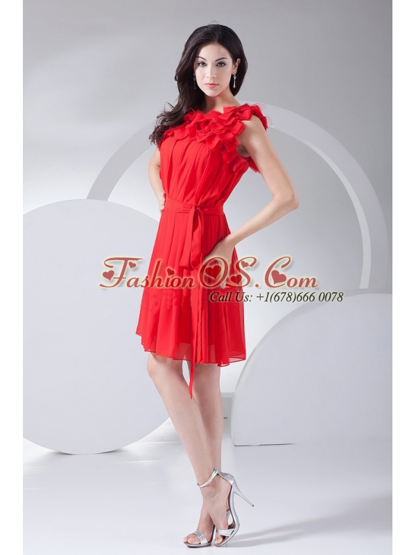 Hand Made Flowers Decorate Bodice Red Chiffon Knee-length 2013 Prom Dress