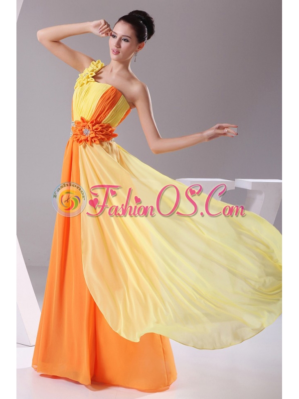 Hand Made Flowers With Beading and Ruching Decorate Bodice Orange and Yellow Chiffon Prom Dress Floor-length