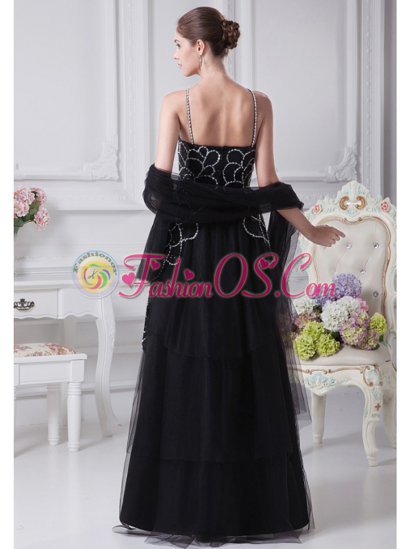 V-neck Black Beaded Decorate Shoulder Tulle Mother Of The Bride Dress